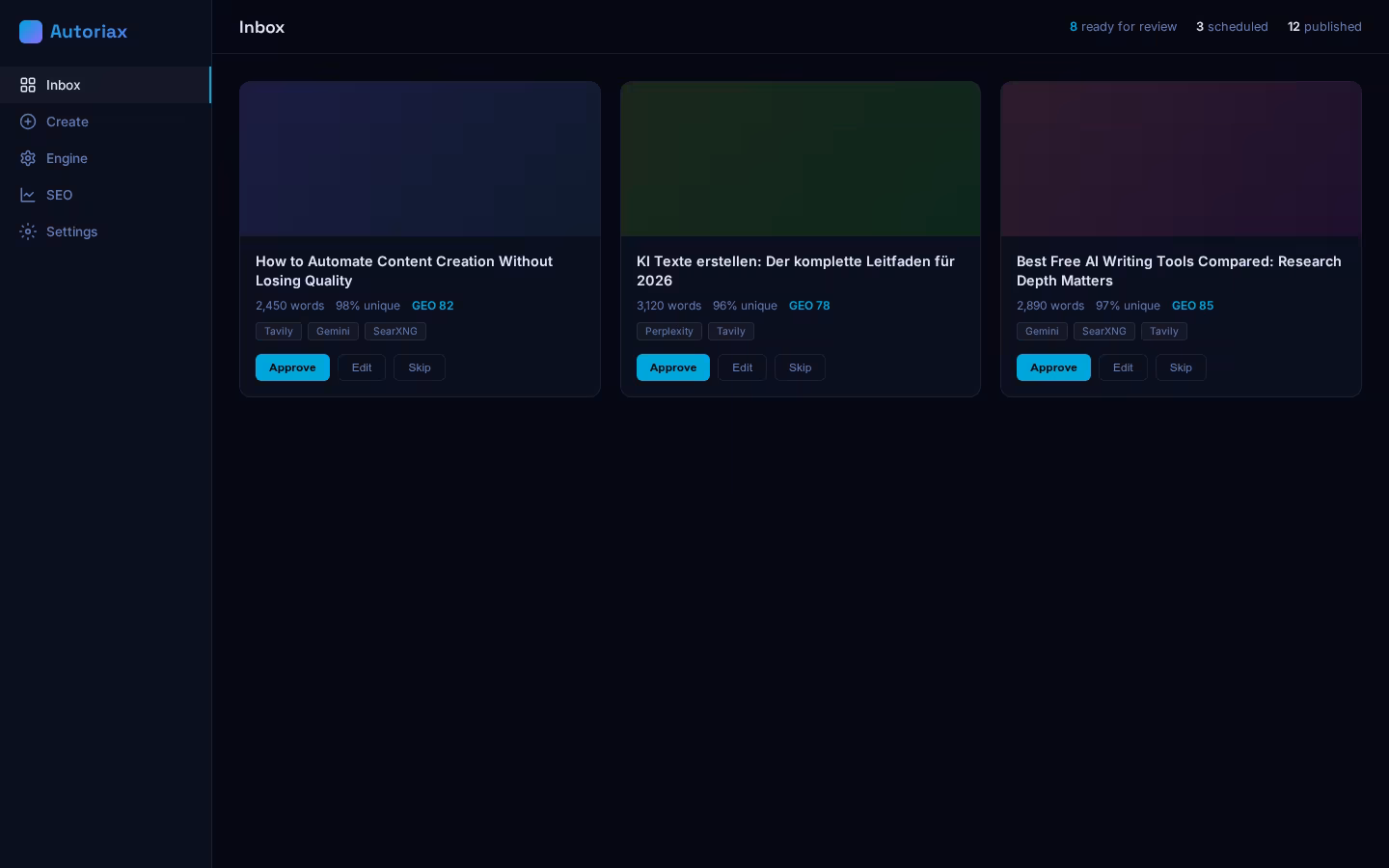 Autoriax editorial inbox — articles ready for review